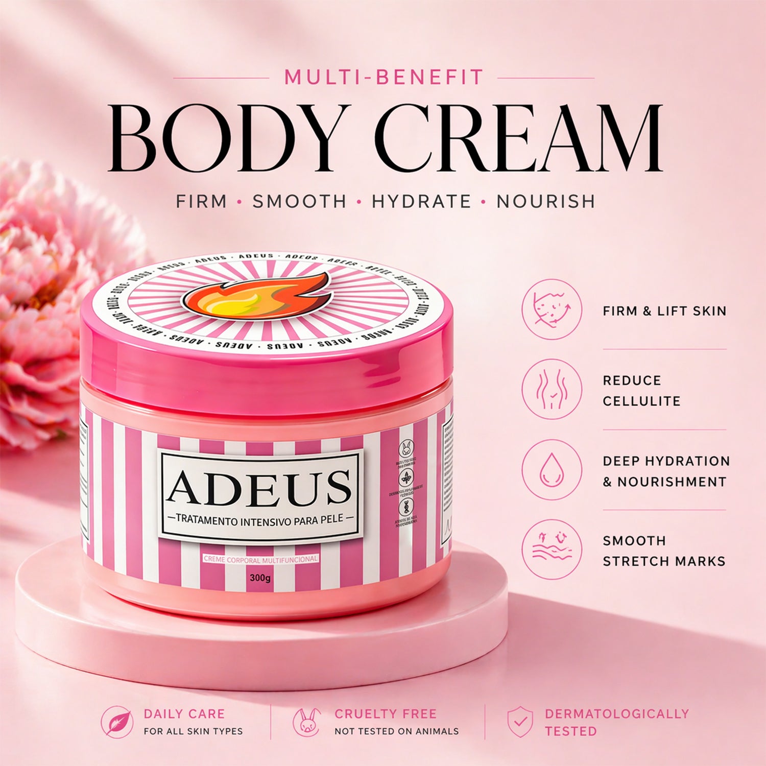 Intensive Multifunctional Pink Body Cream - 300g Deep Hydration, Firming & Smoothing Skin Treatment Daily Moisturizer