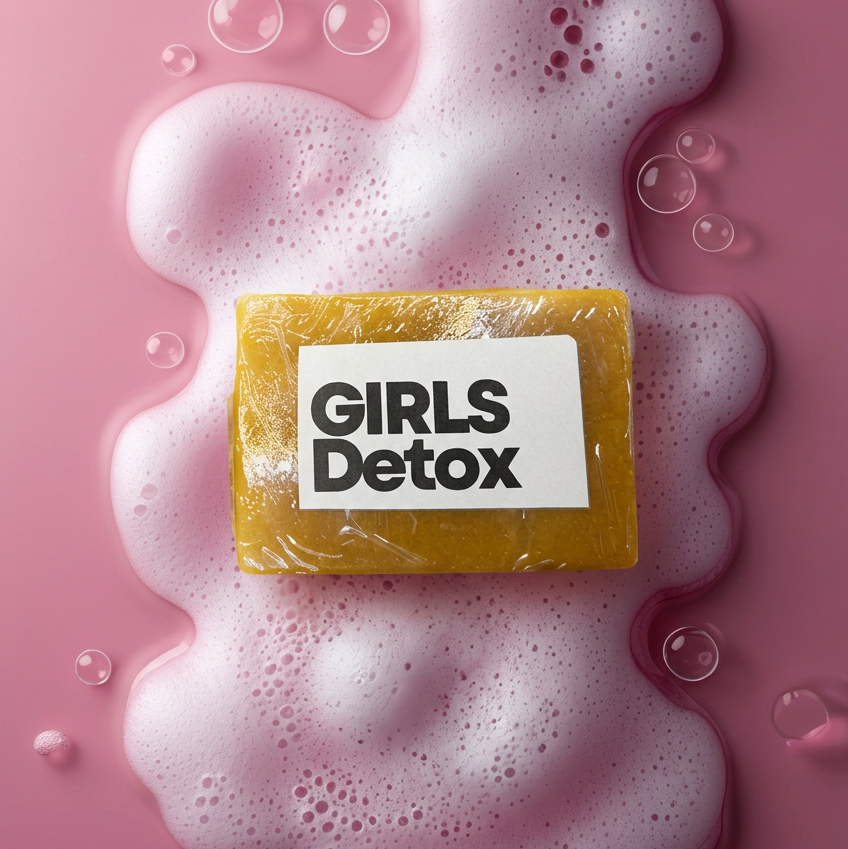 Golden-yellow Girls Detox turmeric soap on pink background with foam and bubbles