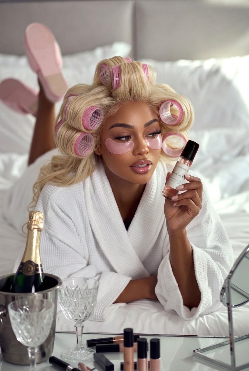 Reclining Girls Detox beauty portrait with champagne and pheromone oil