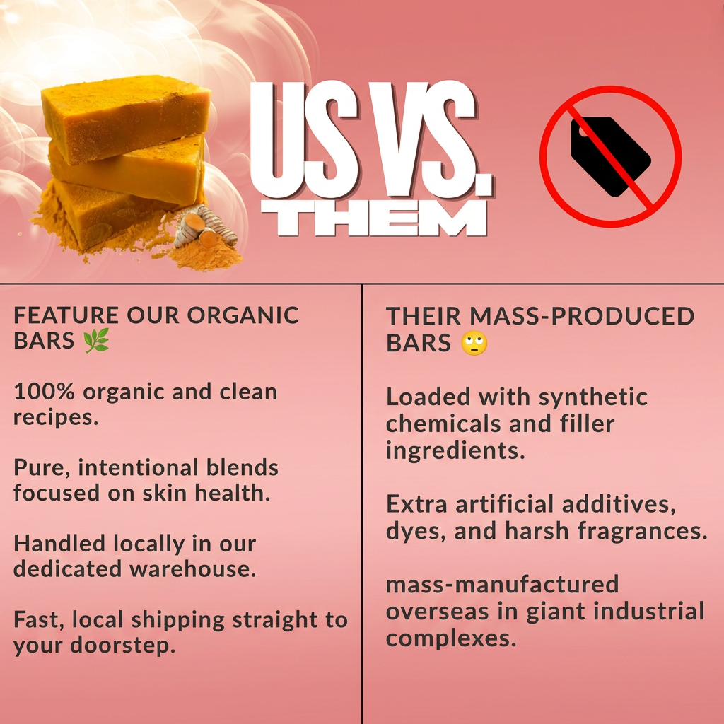 Us versus them comparison graphic with a rose-pink background